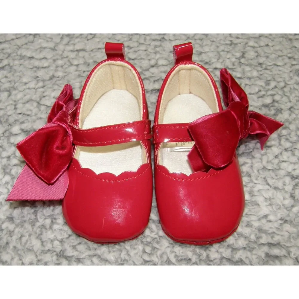 Baby Girls Sz 6-9 Months Black Mary Jane & Dressy Red Bow Soft Sole Shoes